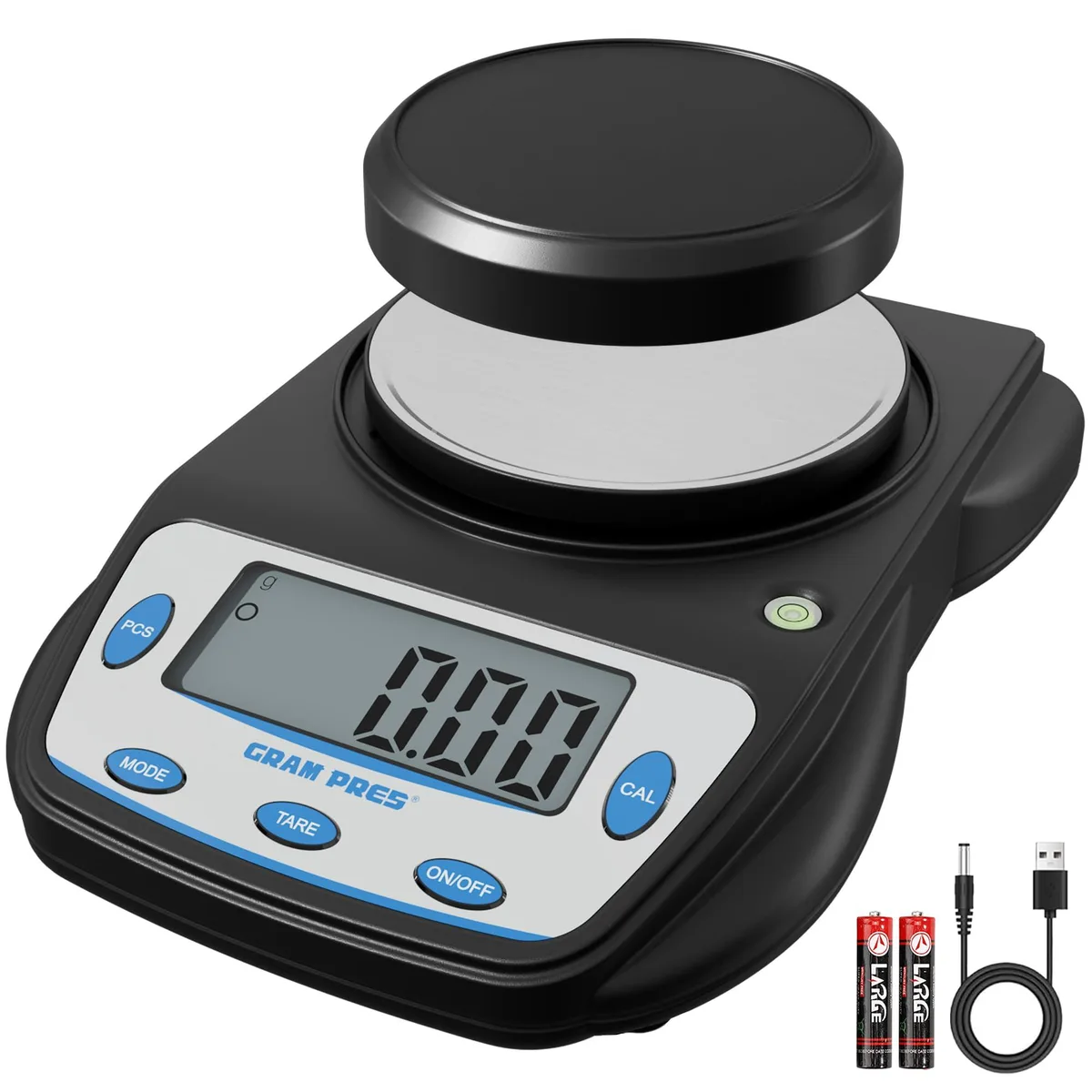 Black digital lab scale with stainless steel platform and LCD display