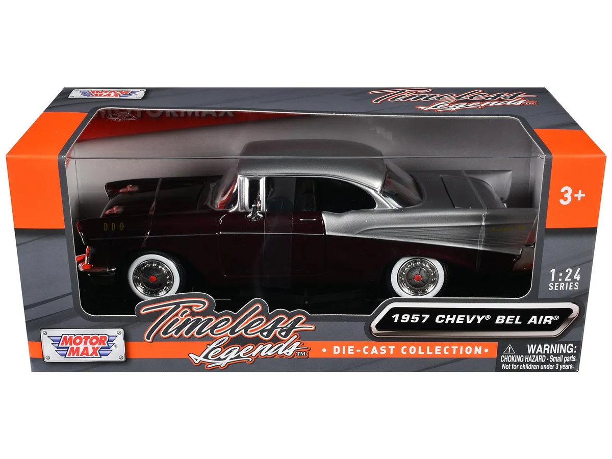 MOTORMAX MOTORMAX 1957 Chevrolet Bel Air Burgundy Silver Metallic Timeless Legends 1/24 Diecast — product photo