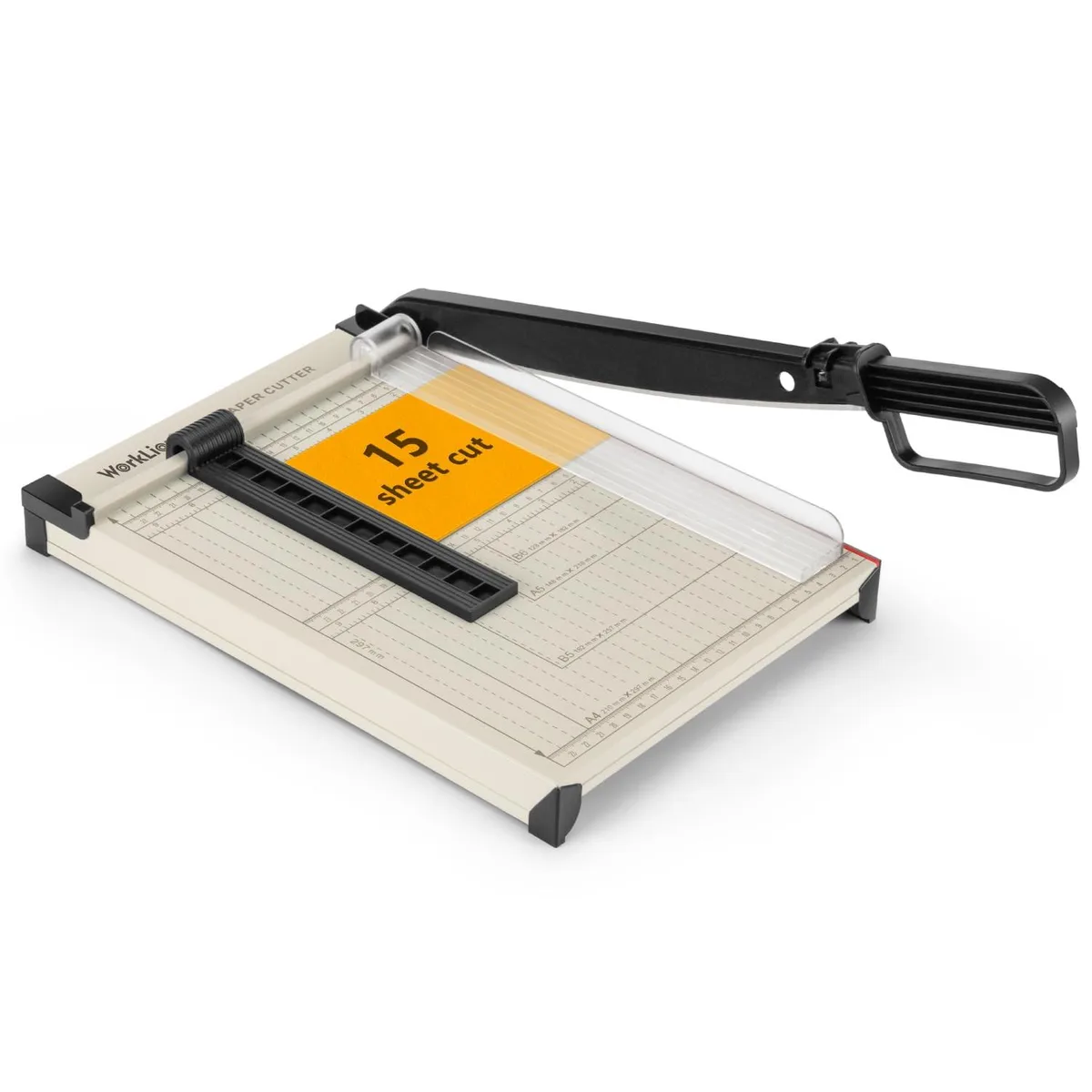 Metallic grey 12 inch guillotine paper trimmer with safety guard and measurement grid