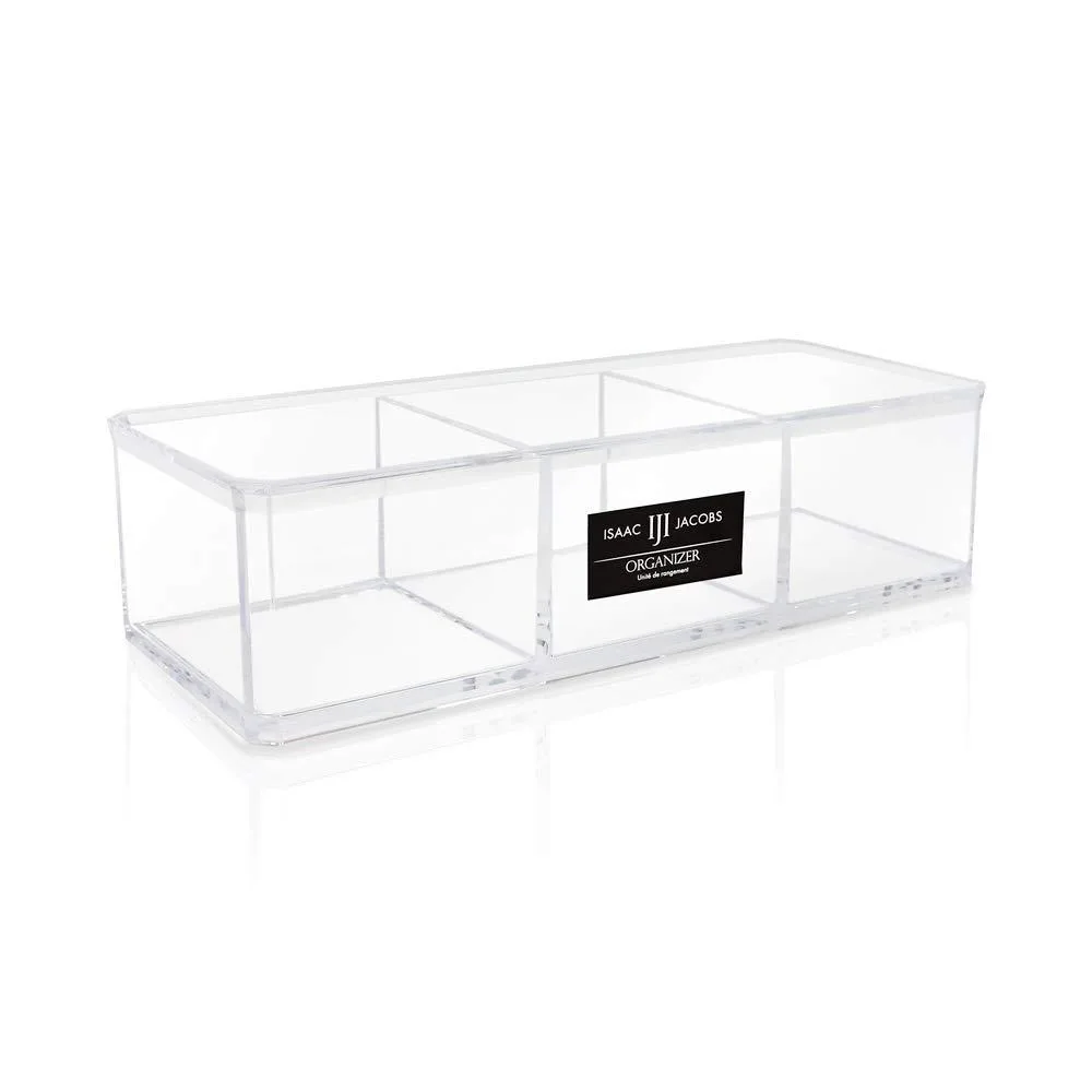 Clear acrylic rectangular tray with three glossy compartments, black finish, 14.33in wide, 12.83in high, 9.06in deep