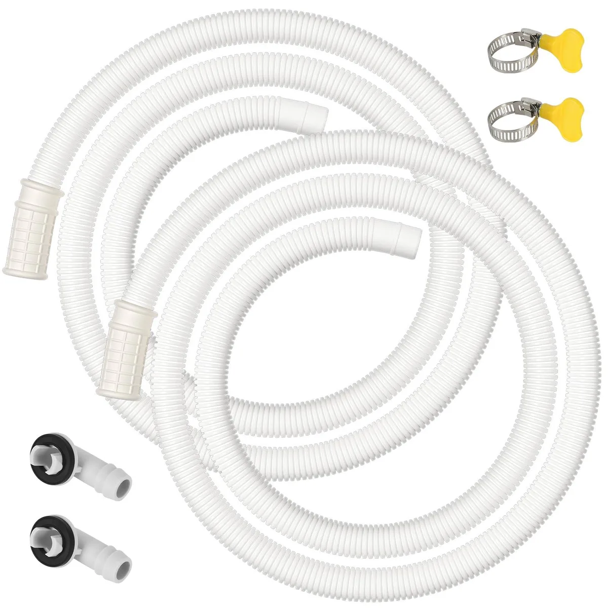 Yellow flexible drain hose kit, 12 pieces, 5 ft, .6-.8 in fit, 100°F rating