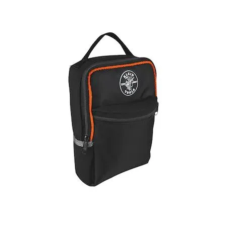Black PVC-coated polyester tool bag with orange piping, sturdy handle, two pockets