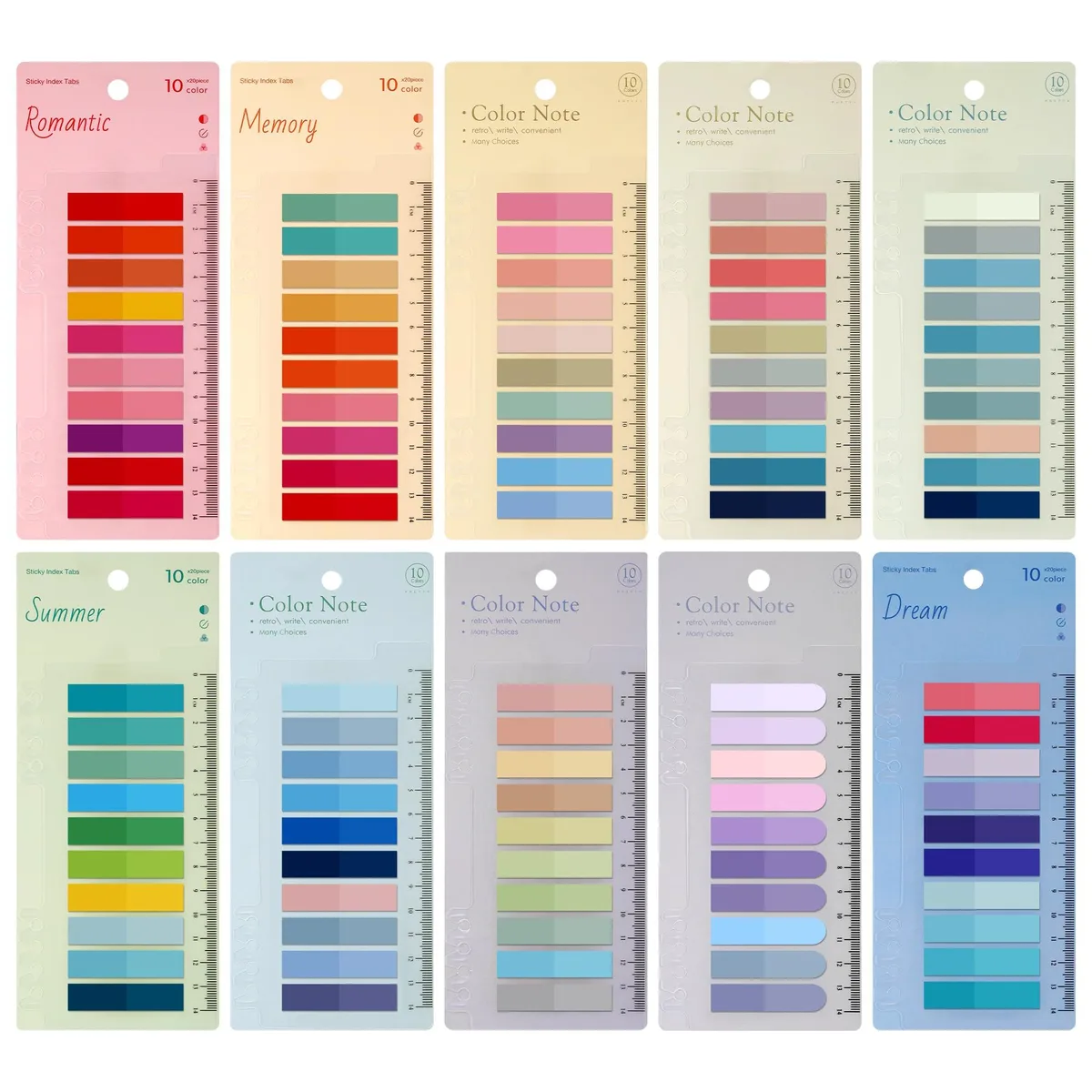 Multicolour square sticky tabs with integrated ruler, 2000 pieces in dispenser