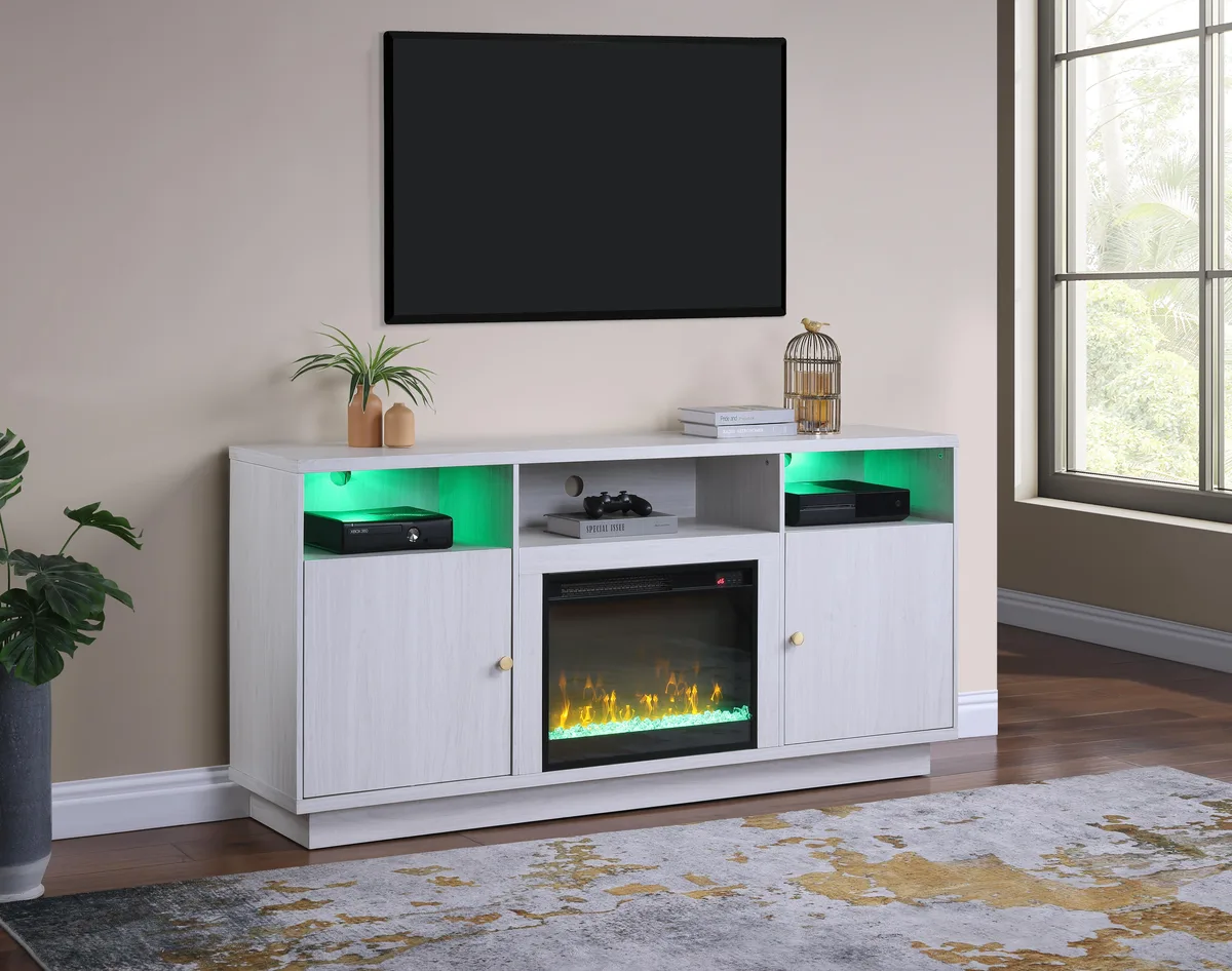 White walnut TV console with fireplace insert, open shelves and cabinets
