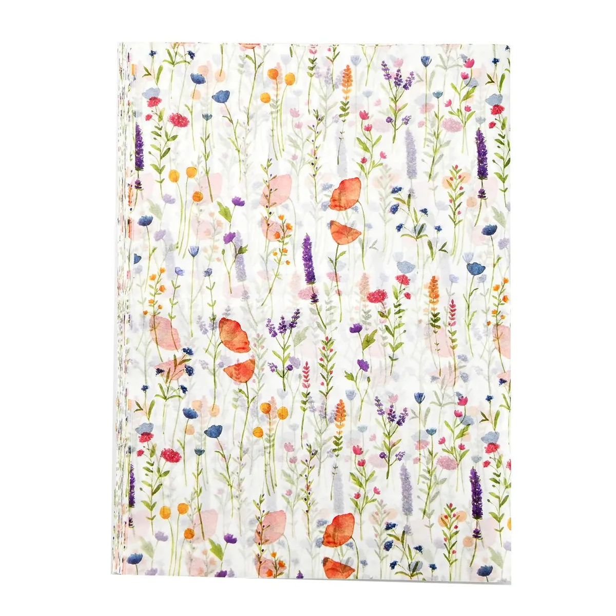 A roll of 100 white tissue paper sheets with floral print, 13.8 by 19.7 inches