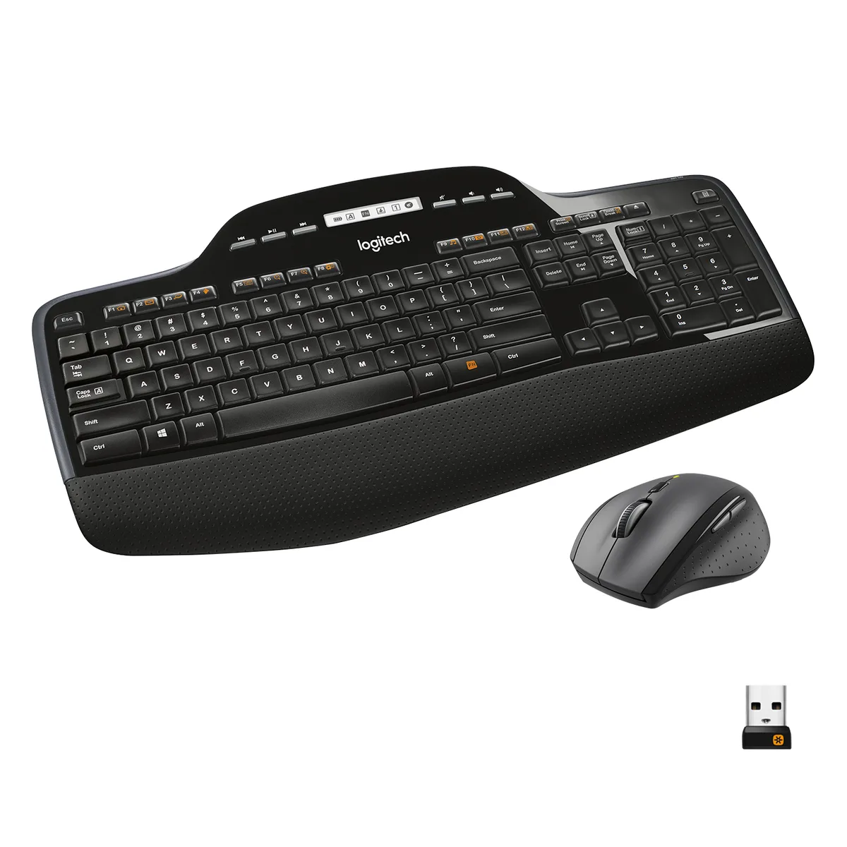 Black wireless keyboard with cushioned palm rest and LCD status dashboard, plus matching right-handed mouse with tilt scroll wheel