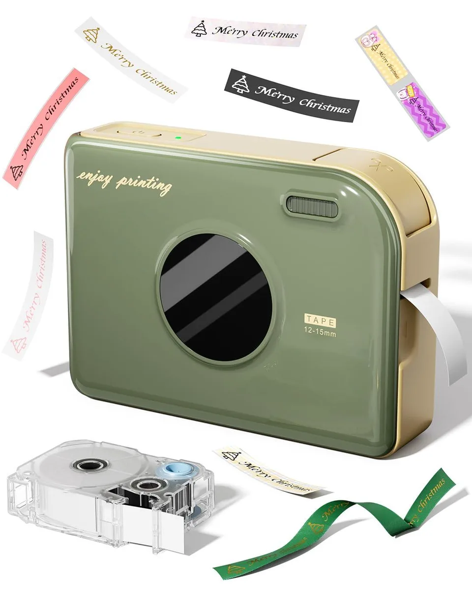 Compact white label printer with Bluetooth, 21 cm long, prints 14 mm labels