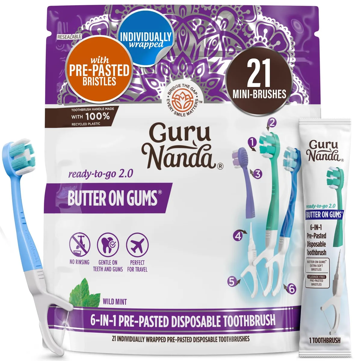 White disposable toothbrushes with built-in tongue scraper and floss