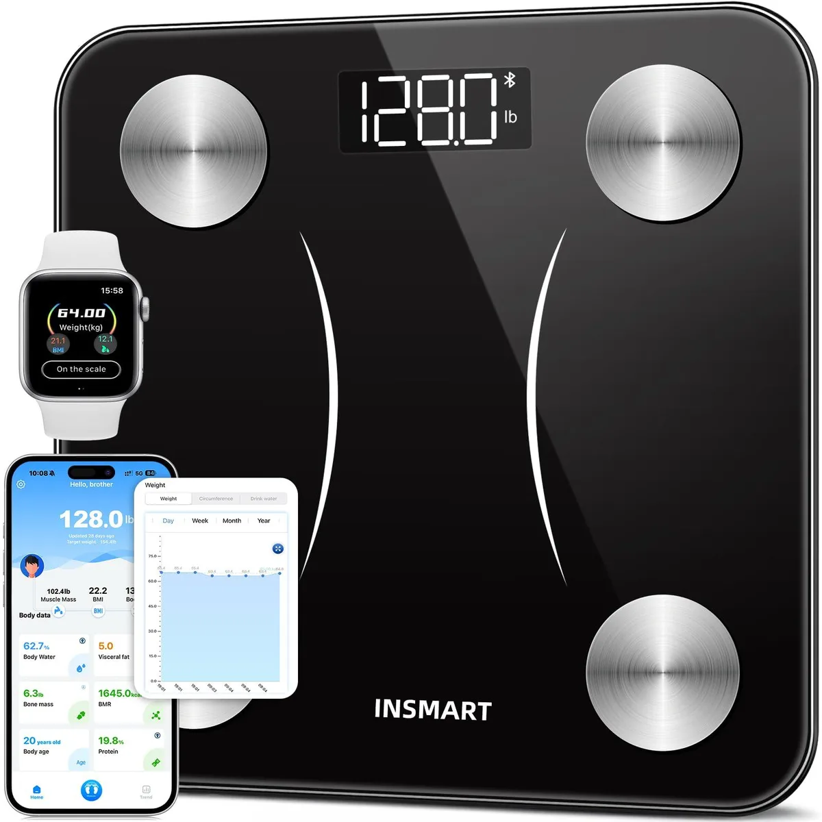 Square black digital scale, 10.3 inches, slim profile, LED display