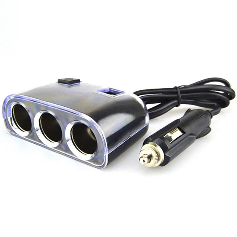 Black car charger splitter with three sockets and two USB ports, LED indicator and on-off switch