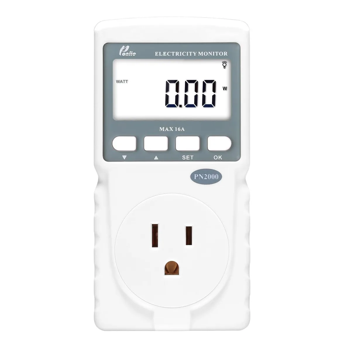 White rectangular plug-in electricity monitor with large backlit LCD display