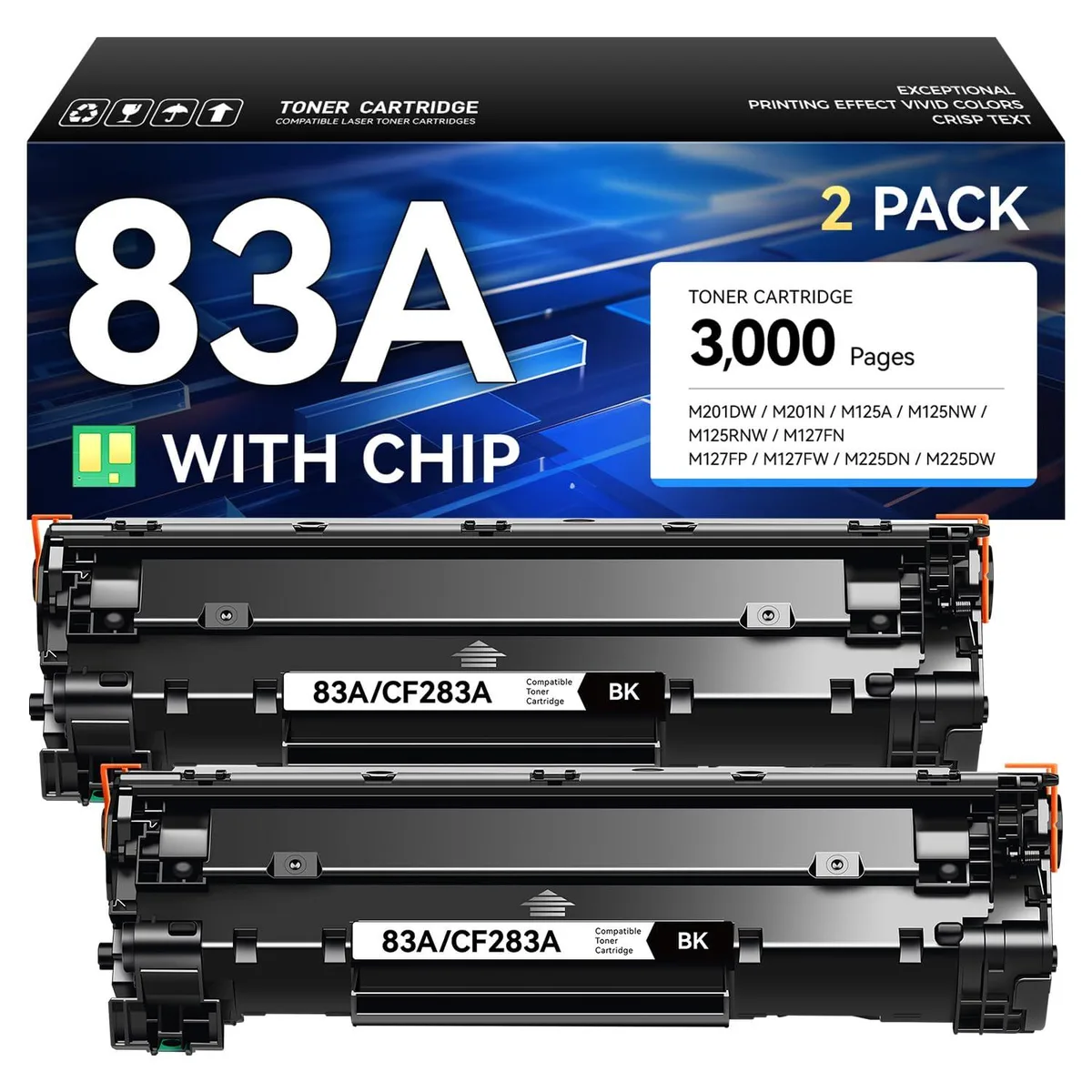 Two black rectangular toner cartridges side by side in sealed packaging