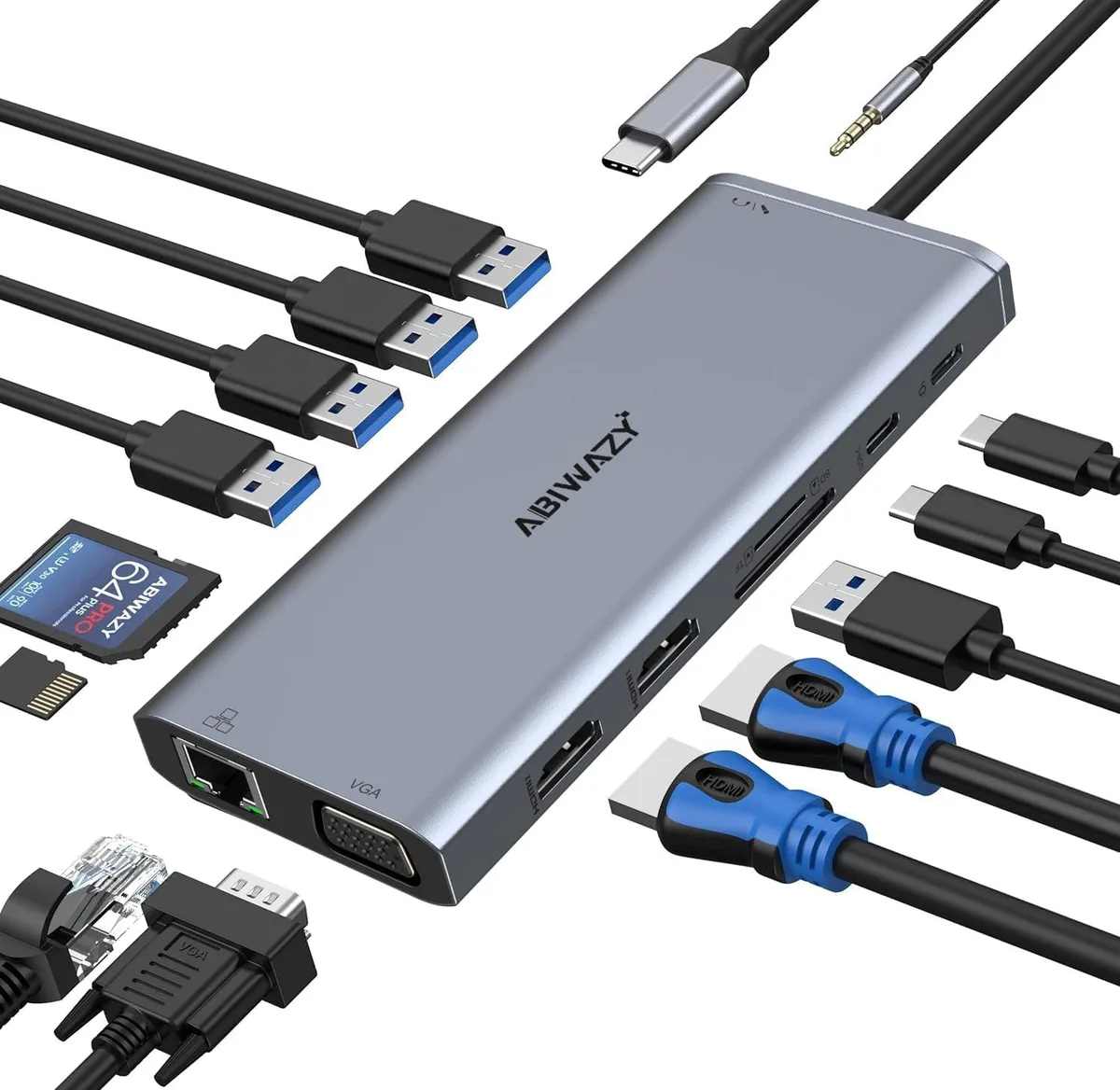 FLEANE FLEANE 14-in-1 USB-C audio adapter with 2 HDMI VGA Ethernet SD TF 100W PD — product photo