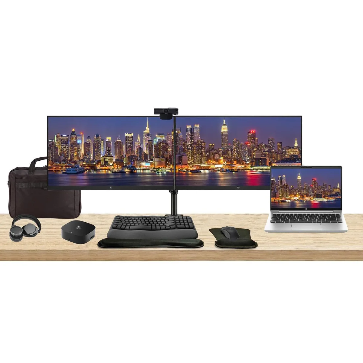 HP HP ProBook 445 G10 14" Ryzen 5 8GB 256GB Bundle Dual 24" Monitors Dock Keyboard Mouse Webcam Headphones Bag — product photo
