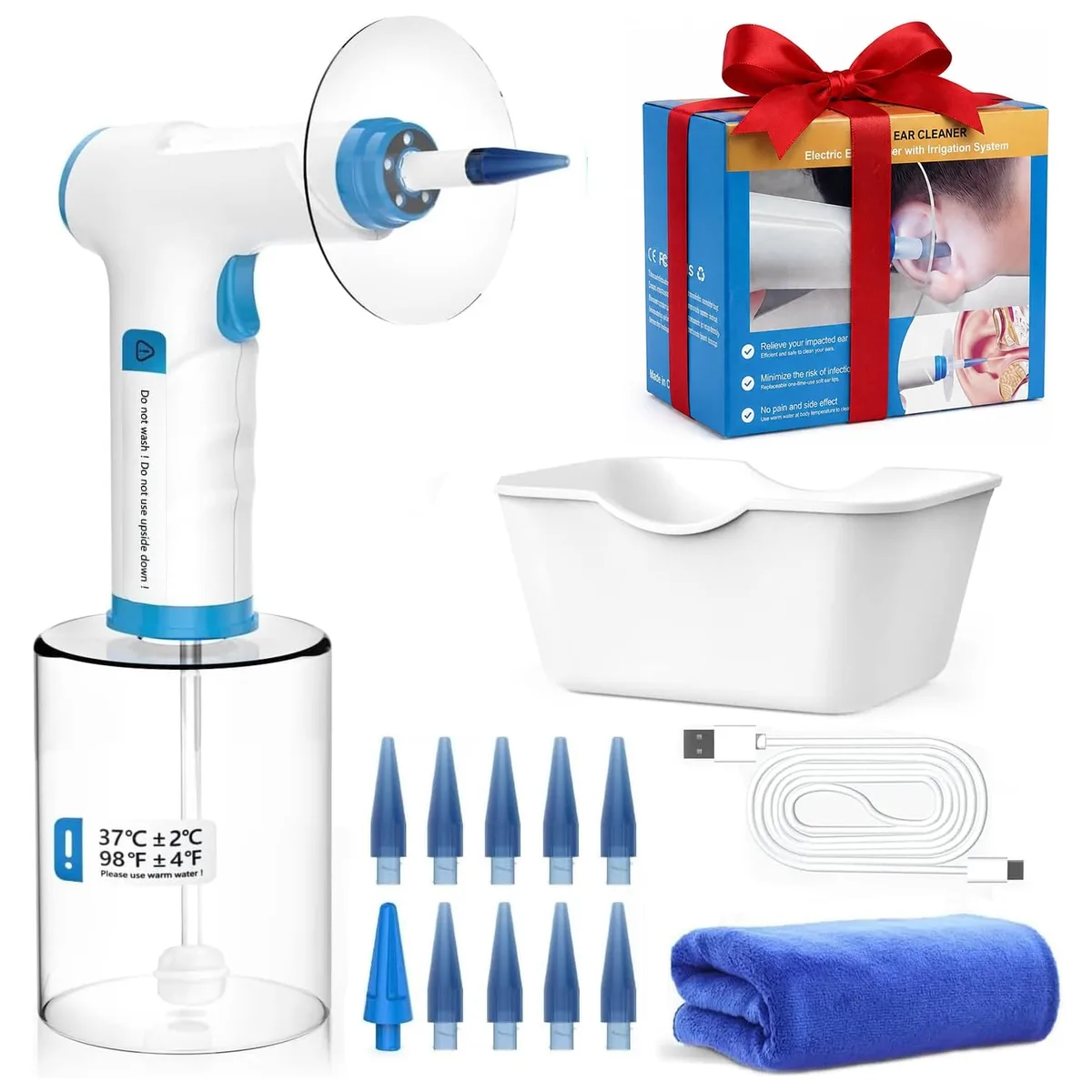 Blue handheld electric ear irrigation device with refillable bottle and disposable tips