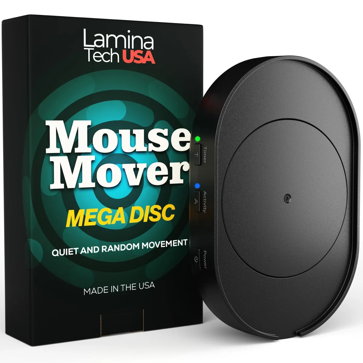 A flat, circular disc mouse mover with a matte finish, USB cable attached