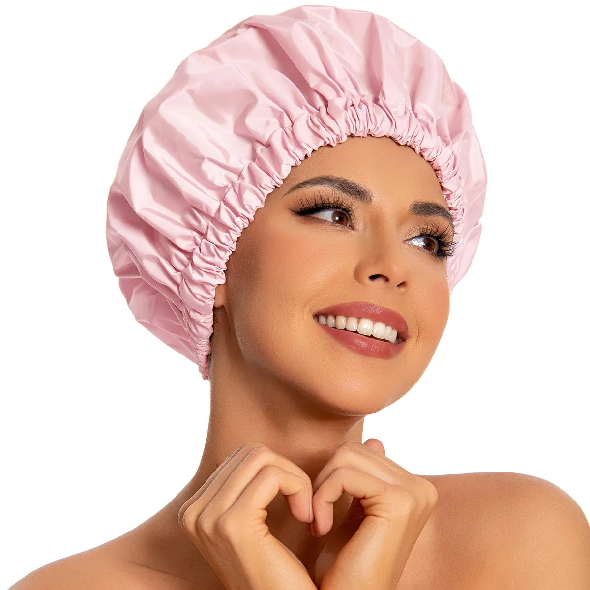 Pink polyester shower cap, 12.8 inch diameter, wide elastic band