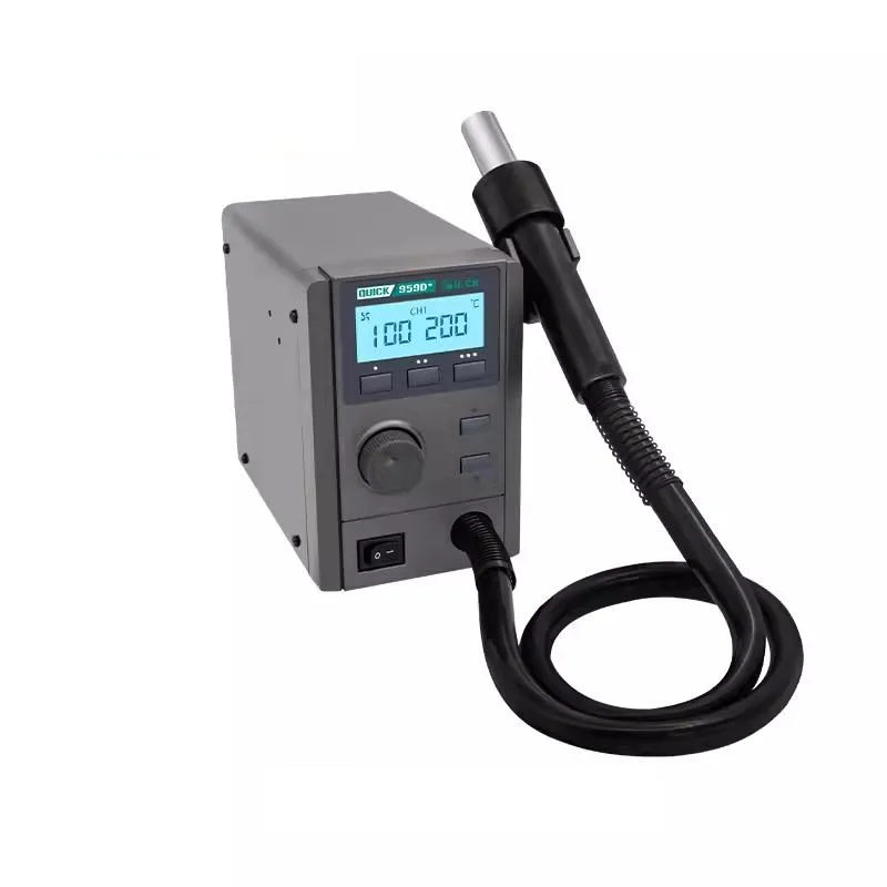 QUICK 959D+ hot-air soldering station, dark chassis with digital display and handpiece holder