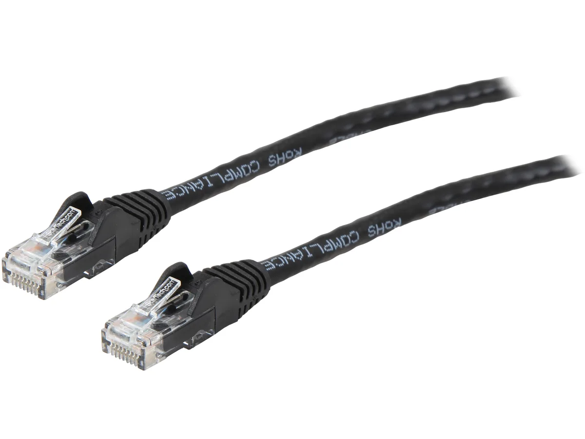 Black Cat6 Ethernet cable with gold-plated RJ45 connectors, 9 ft length, snagless PVC jacket