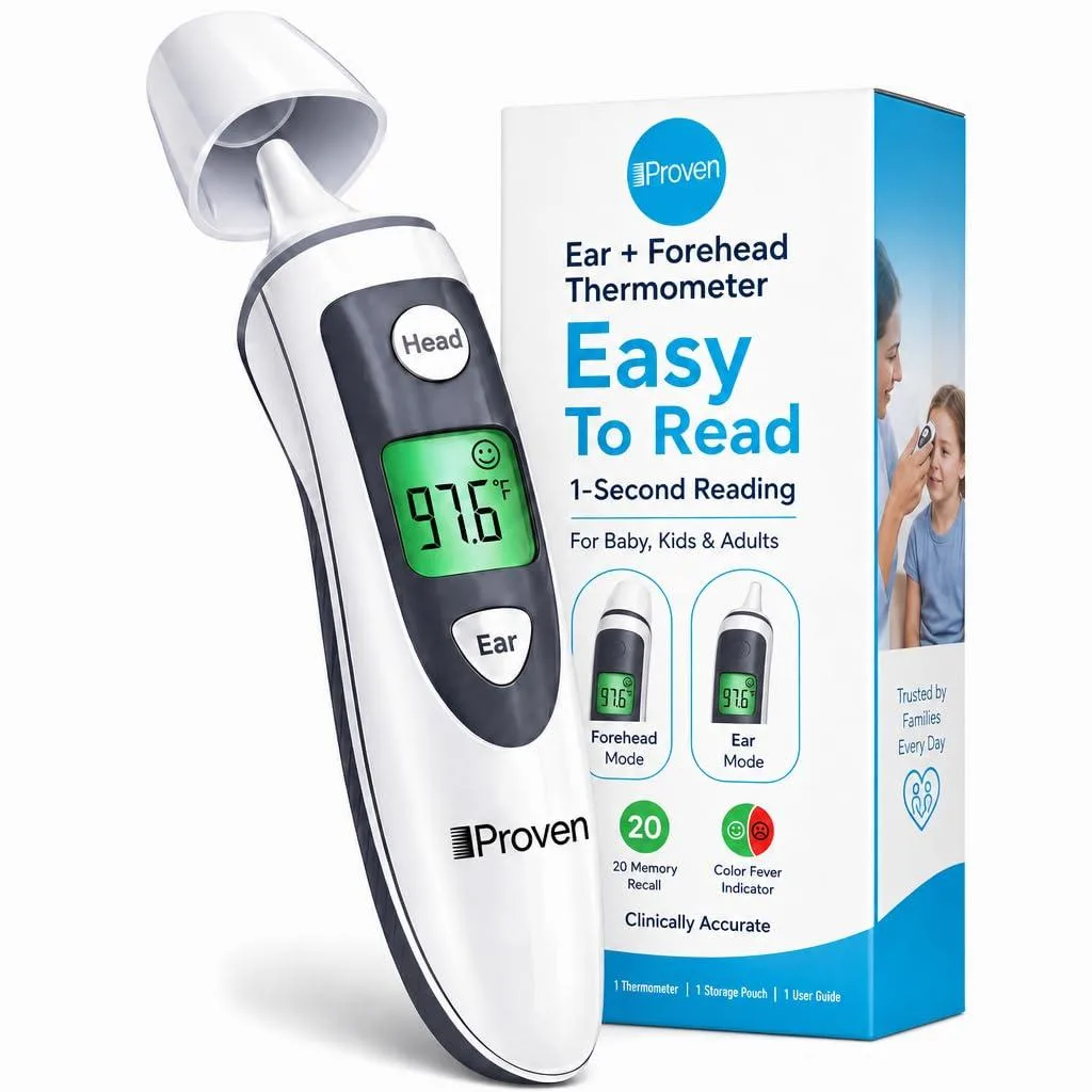 White and grey digital thermometer with probe cap removed for ear use