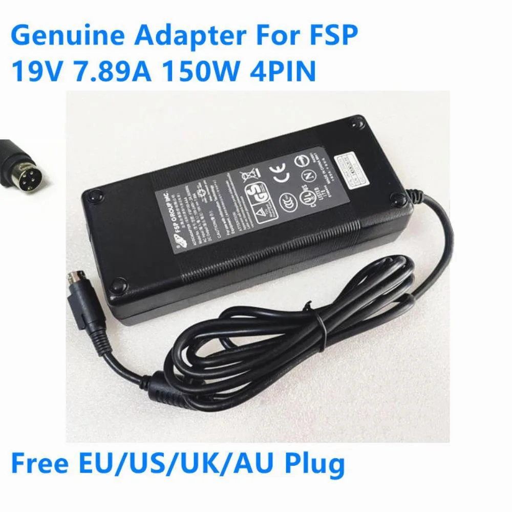 Black rectangular laptop power adapter with four-pin connector and detachable power cord