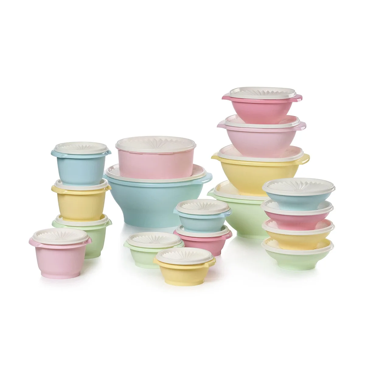 Stack of 18 pastel round containers with matching lids nested together