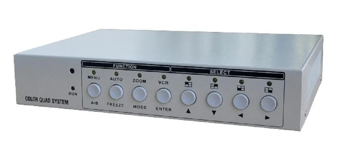 Black rectangular box with four channel labels and remote control