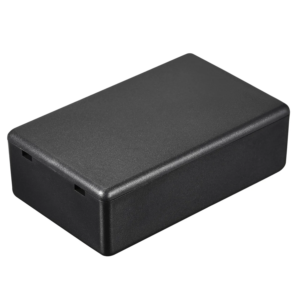 Four small black ABS plastic junction boxes, rectangular with snap-on lids, dustproof indoor enclosures, pack of four