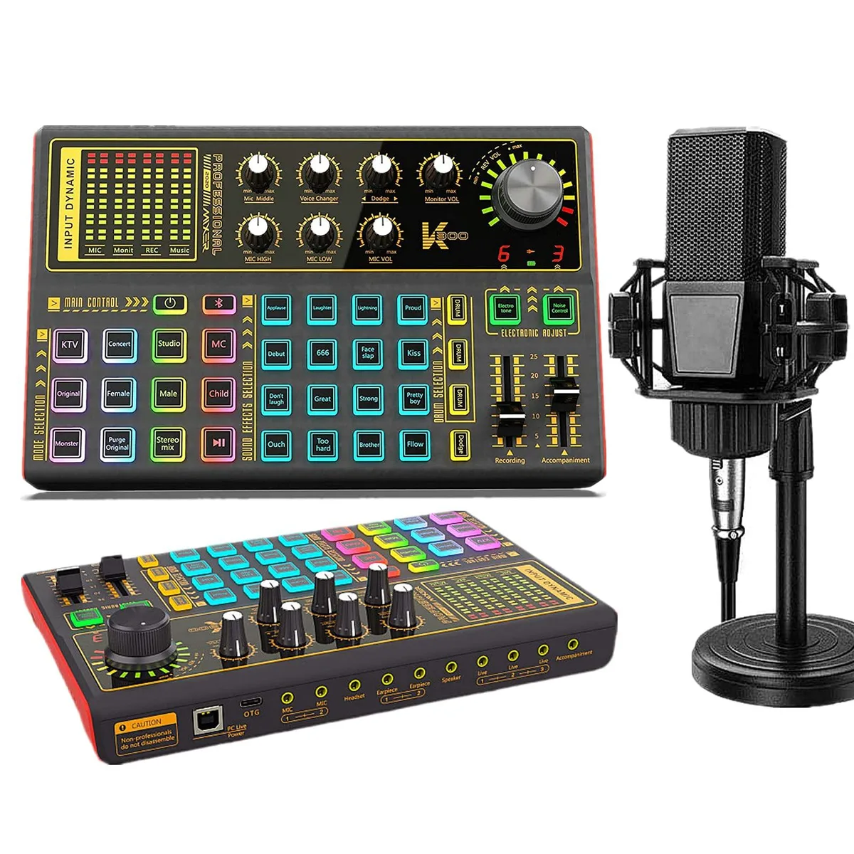 K300 podcast bundle with condenser microphone and voice-changer sound card with LED lights