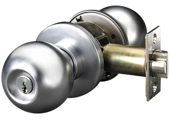 Satin chrome entry knob set with keyed cylinder and turn button