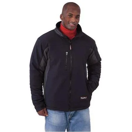 Men's black polyester insulated jacket, waist length, stand-up collar, three outside pockets, size L