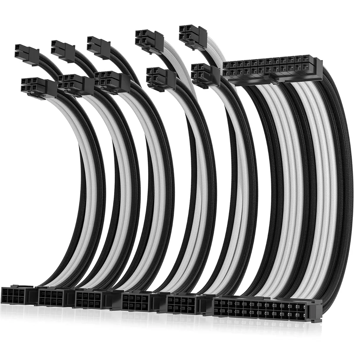 BFKK BFKK 16AWG Sleeved Extension Cable Kit 1x24-Pin 2x8-Pin (4+4) CPU 3x8-Pin (6+2) PCIe 30cm Black White — product photo