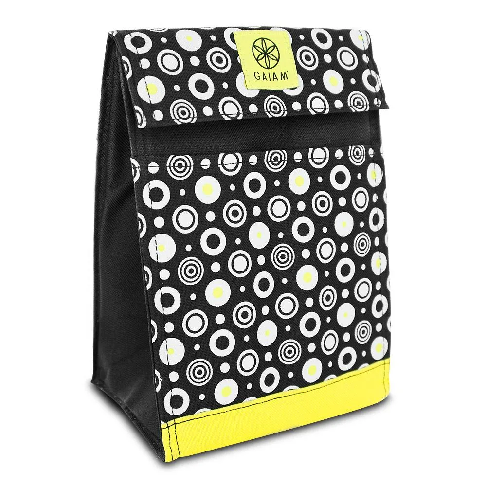 Yellow circle-patterned insulated lunch tote with front pocket
