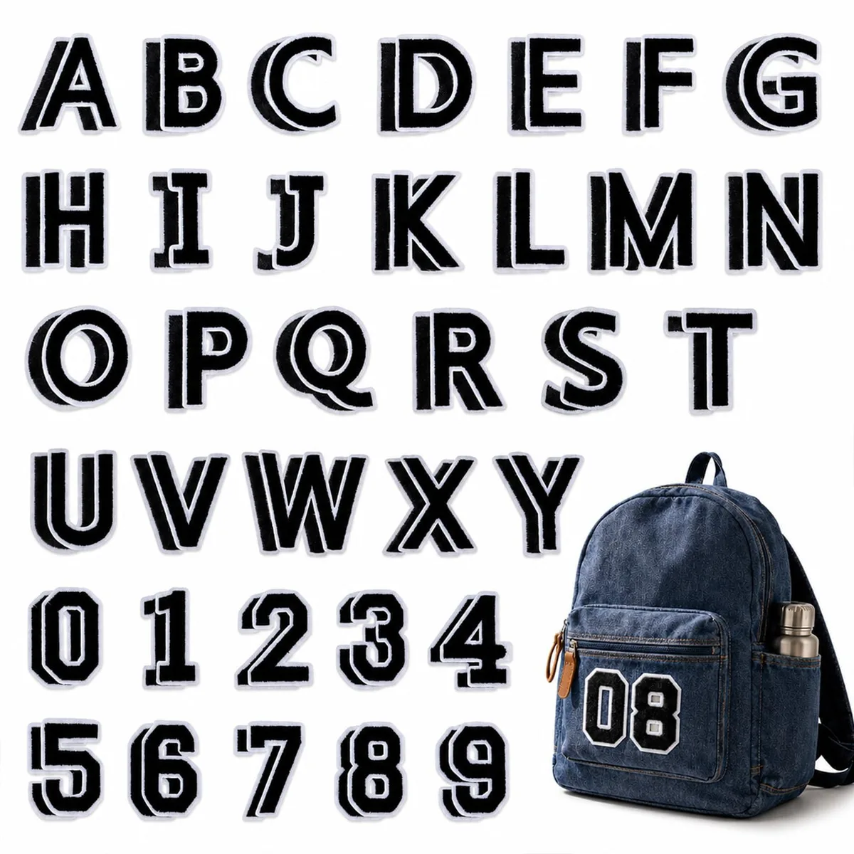  MAQIHAN 72 Pcs Iron-On Letter &amp; Number Patches, Black Cotton — product photo