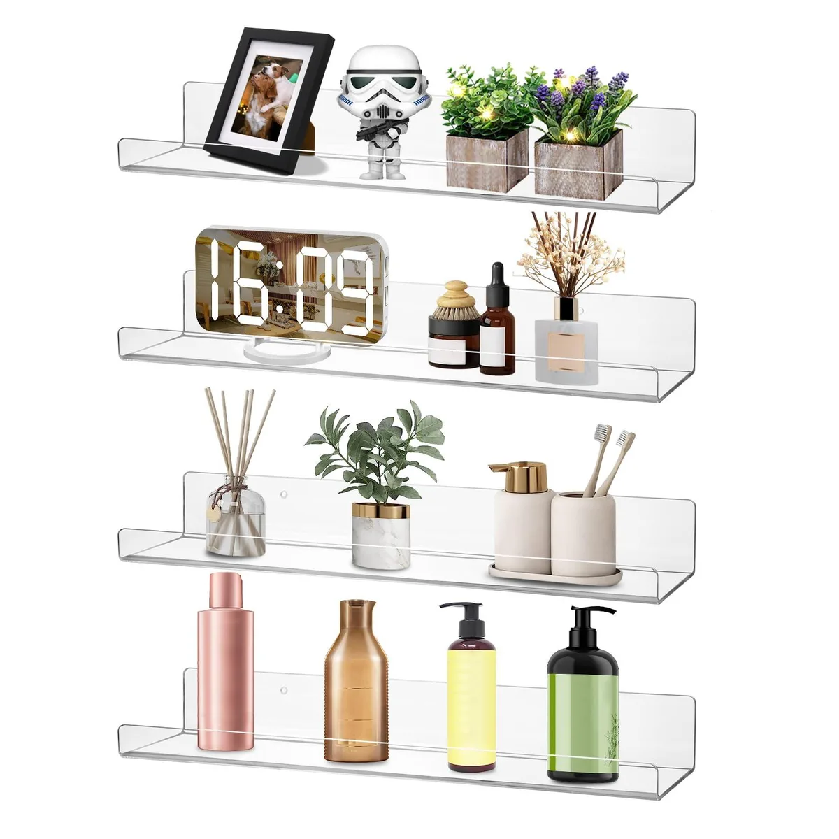 Four clear acrylic wall shelves, fifteen inches long, polished finish