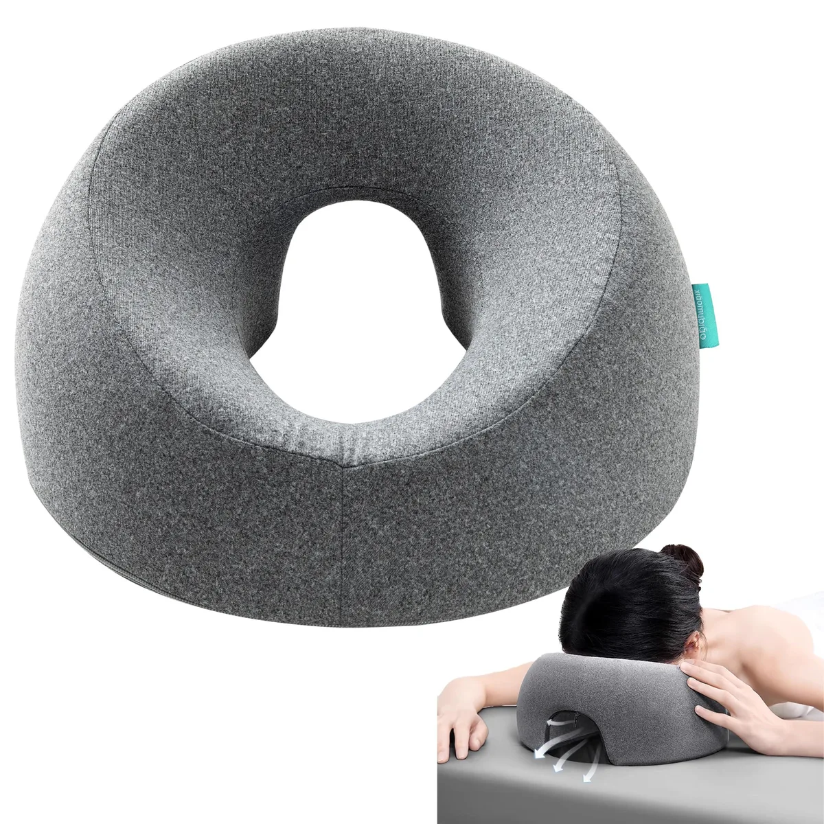 Grey face-down pillow brace with hollow centre, removable cover, pack of 10