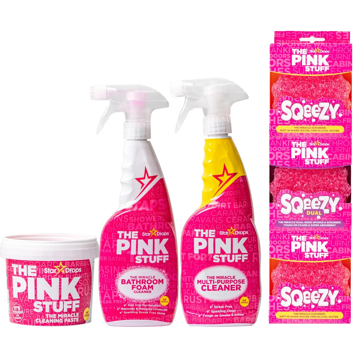 Cardboard box holding three pink spray bottles and three sponges