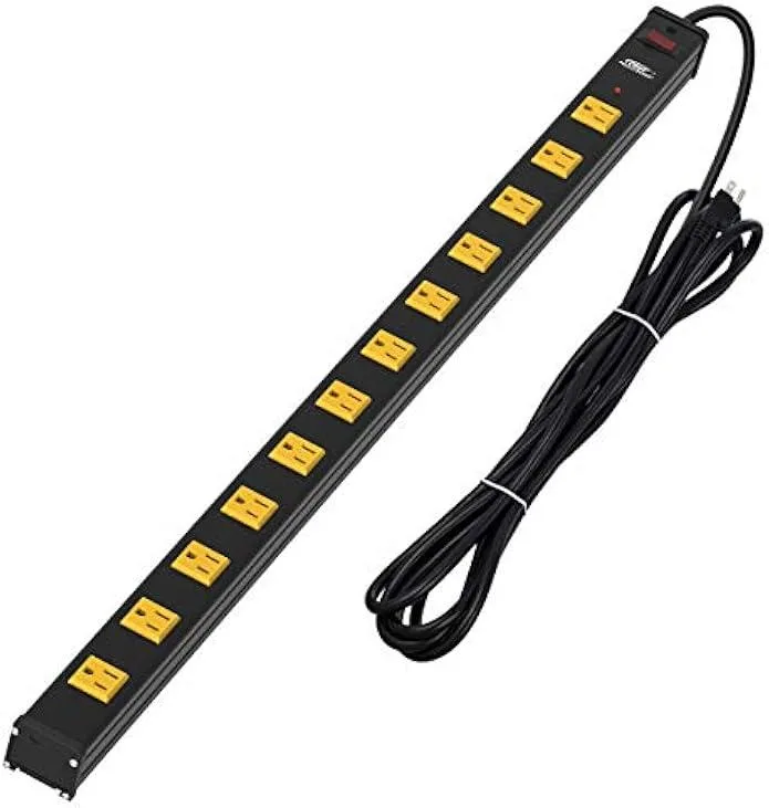 Silver metal power strip with twelve wide-spaced outlets and a long thick cord