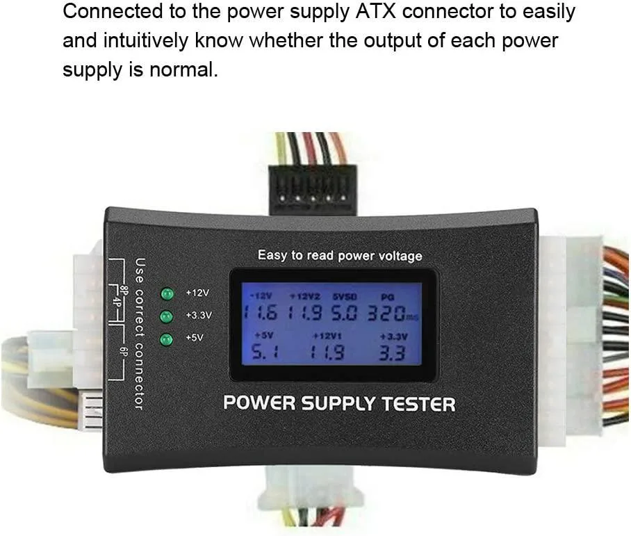 Small rectangular black tester with LCD screen and multiple power connectors including 20/24 pin ATX SATA and PCIe plugs