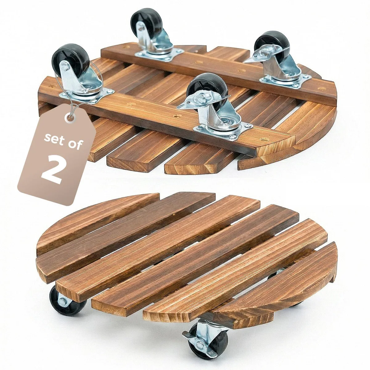 Two dark brown wooden plant caddies with four locking wheels each, 12 inch diameter, 240 lb capacity