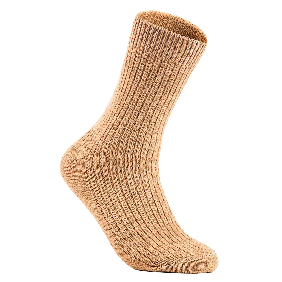 Twelve pairs of beige wool crew socks in a stack