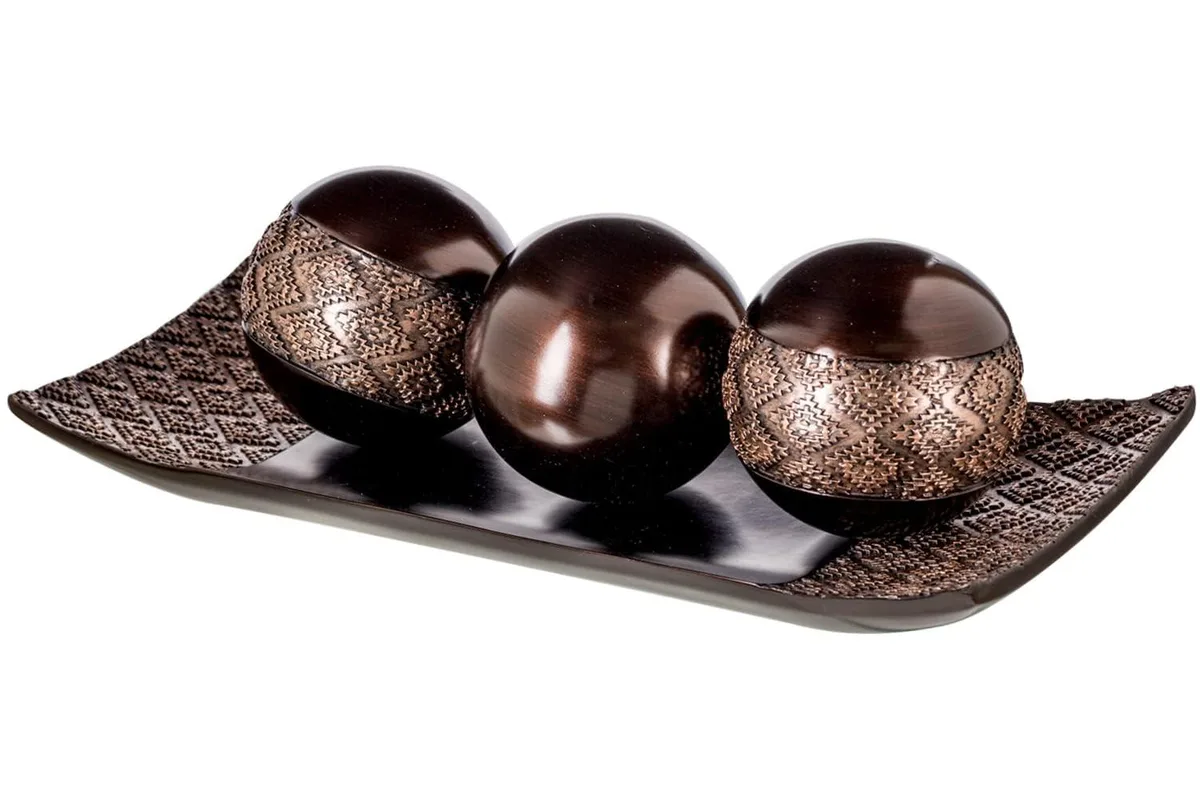 Brown round stainless steel tray with three decorative orbs, checkered design