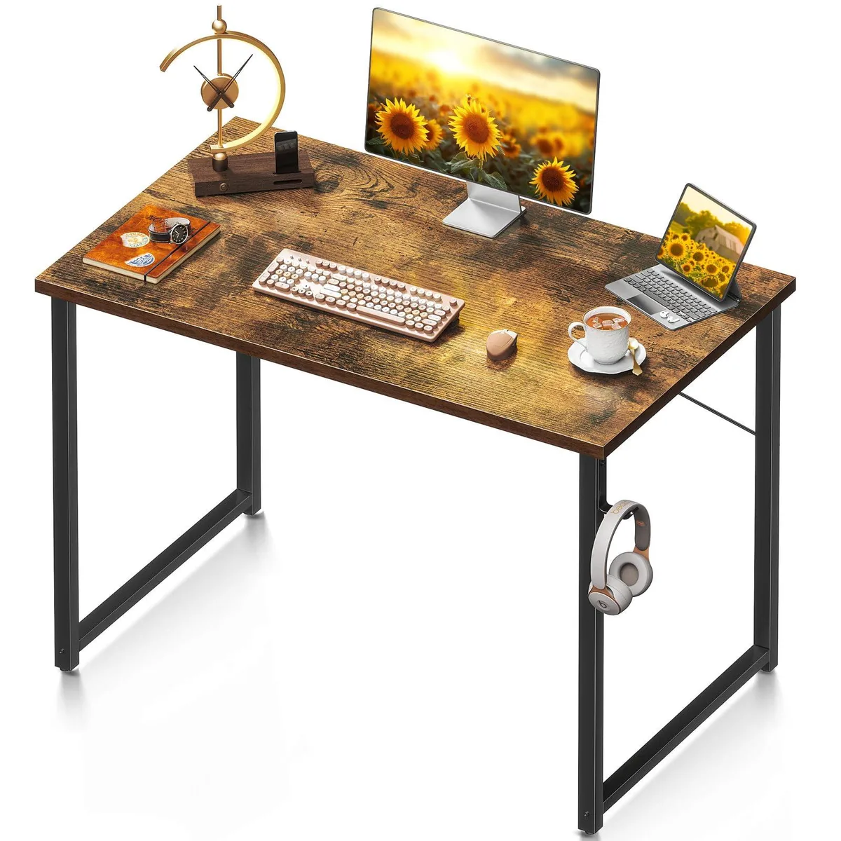 Rectangular 40 inch desk, Pure Vintage finish, black metal frame, leather surface, side hook
