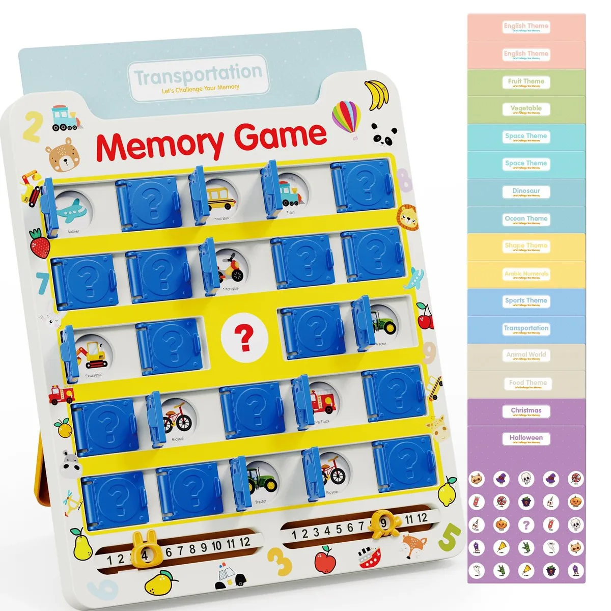 Compact black memory game board with 16 themed cards