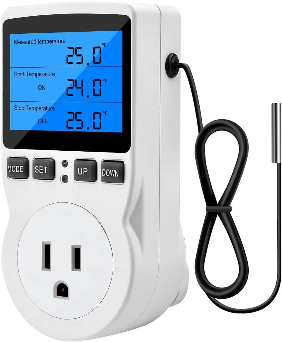 Small white rectangular plug-in controller with LED display and sensor probe