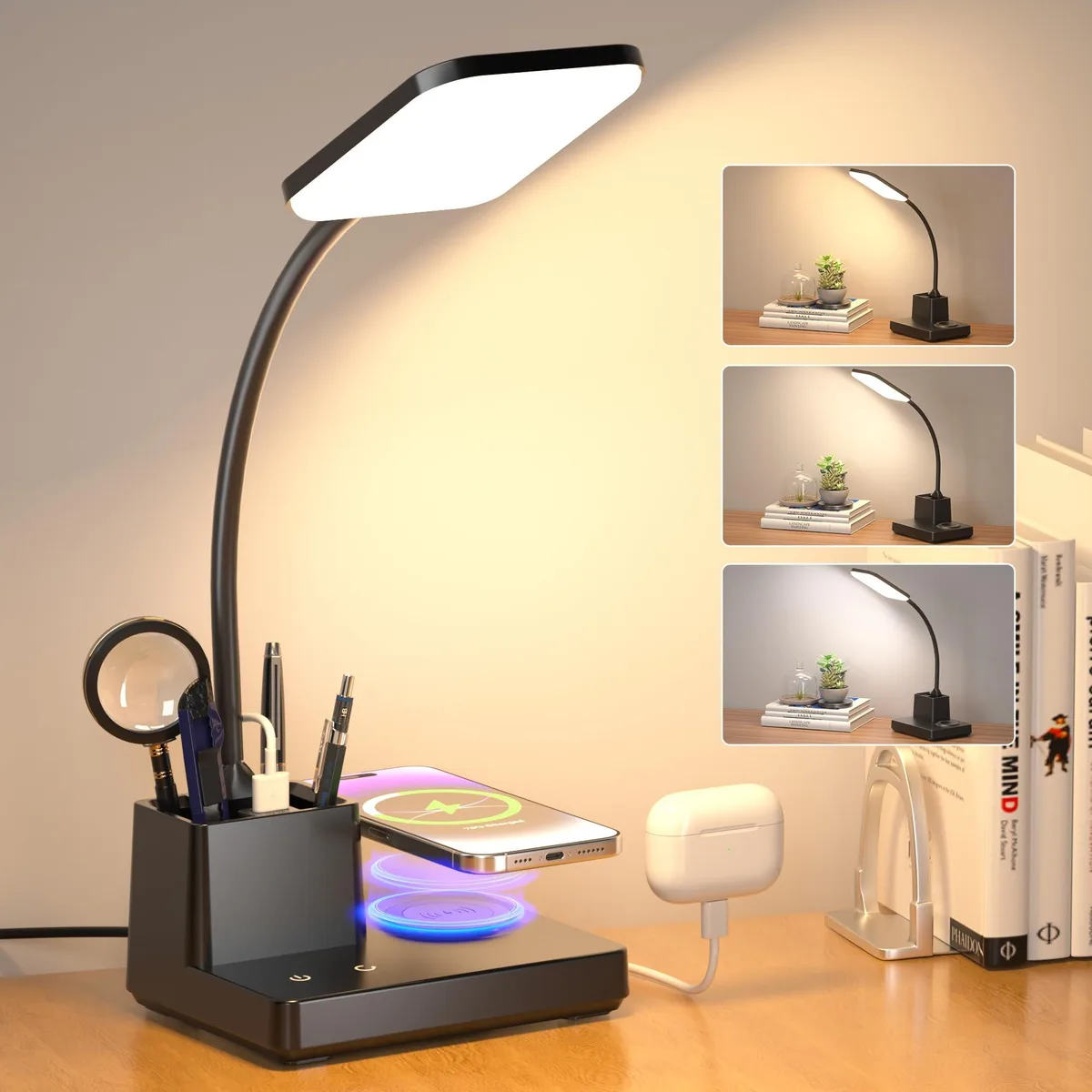 CP-TD-FX-G-001 Swing Arm LED Lamp 800LM 95CRI 8W Wireless 10W USB 5W 1.8m Adapter Black 5.12x6.69x20.47in — product photo