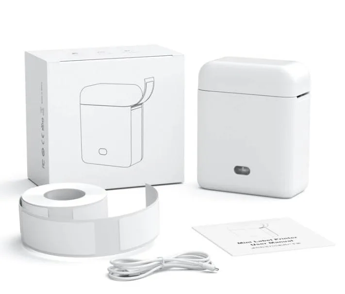 White compact thermal label printer with 12 mm tape roll and Bluetooth connectivity