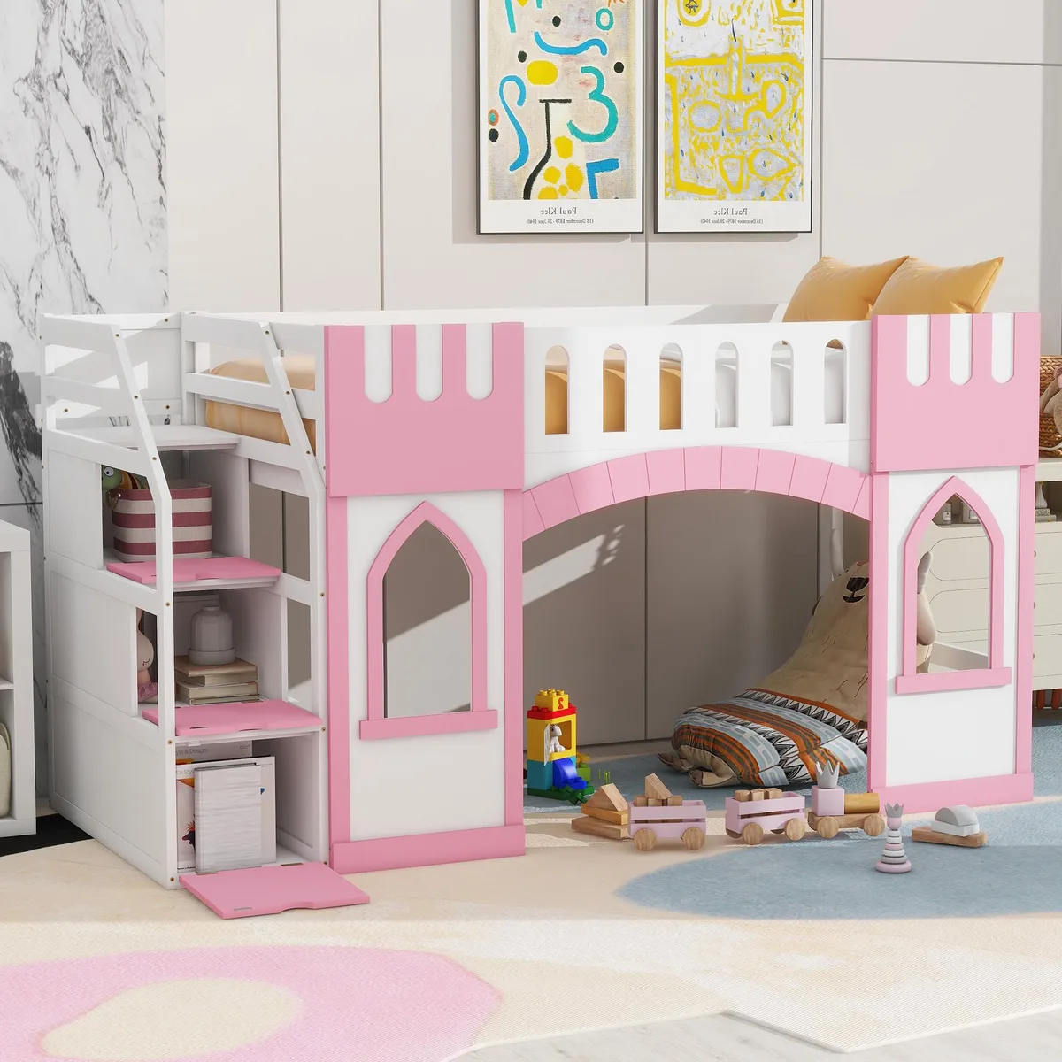 tuphen tuphen Twin Loft Bed with Storage Staircase &amp; Window, Pink — product photo