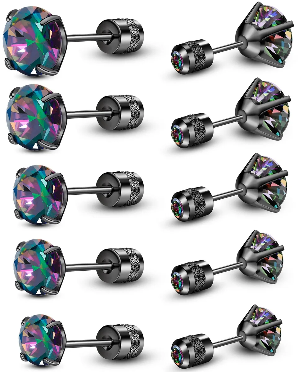  ONESING 5 Pairs Stainless Steel Black Stud Earrings 20G 3-7mm CZ — product photo