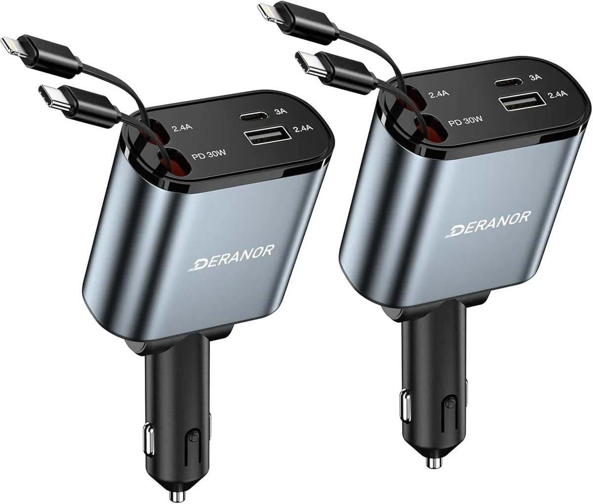 Hamzan Hamzan 2-Pack Retractable Car Charger 4-in-1 69W USB-C 2×Cords 2×Ports — product photo